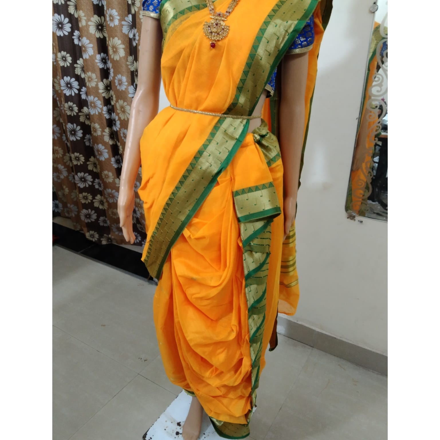 Gorgeous Blue Cotton Silk Zari Print Maharashtrian Nauvari Readymade Saree  | Readymade saree, Saree, Nauvari saree