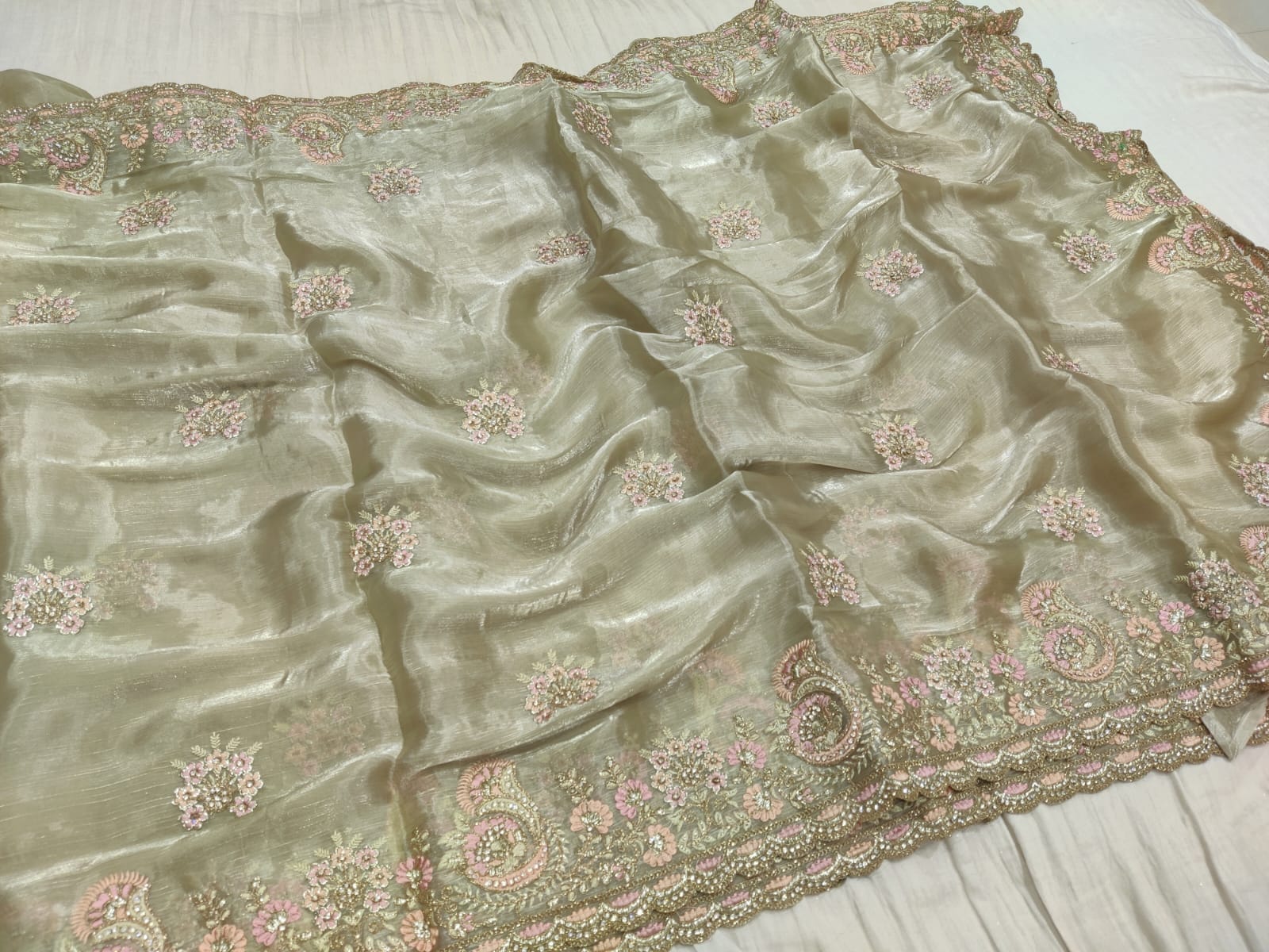 Grey Olive Designer Heavy Party-Wear Saree