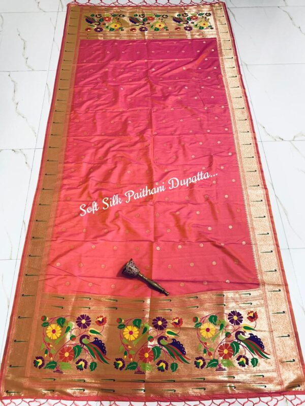 Soft Silk Paithani Silk Dupatta with Gold Zari Motifs Dark Pink
