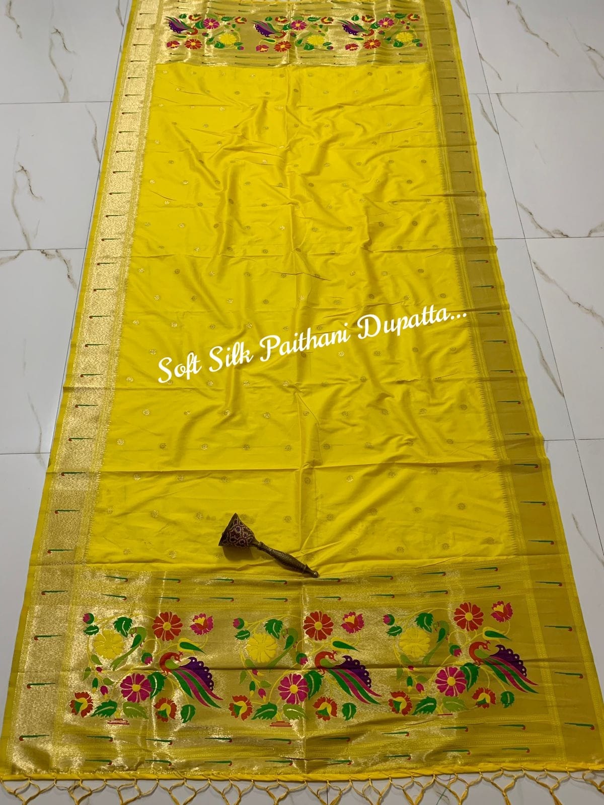 Soft Silk Paithani Silk Dupatta with Gold Zari Motifs Dark Yellow
