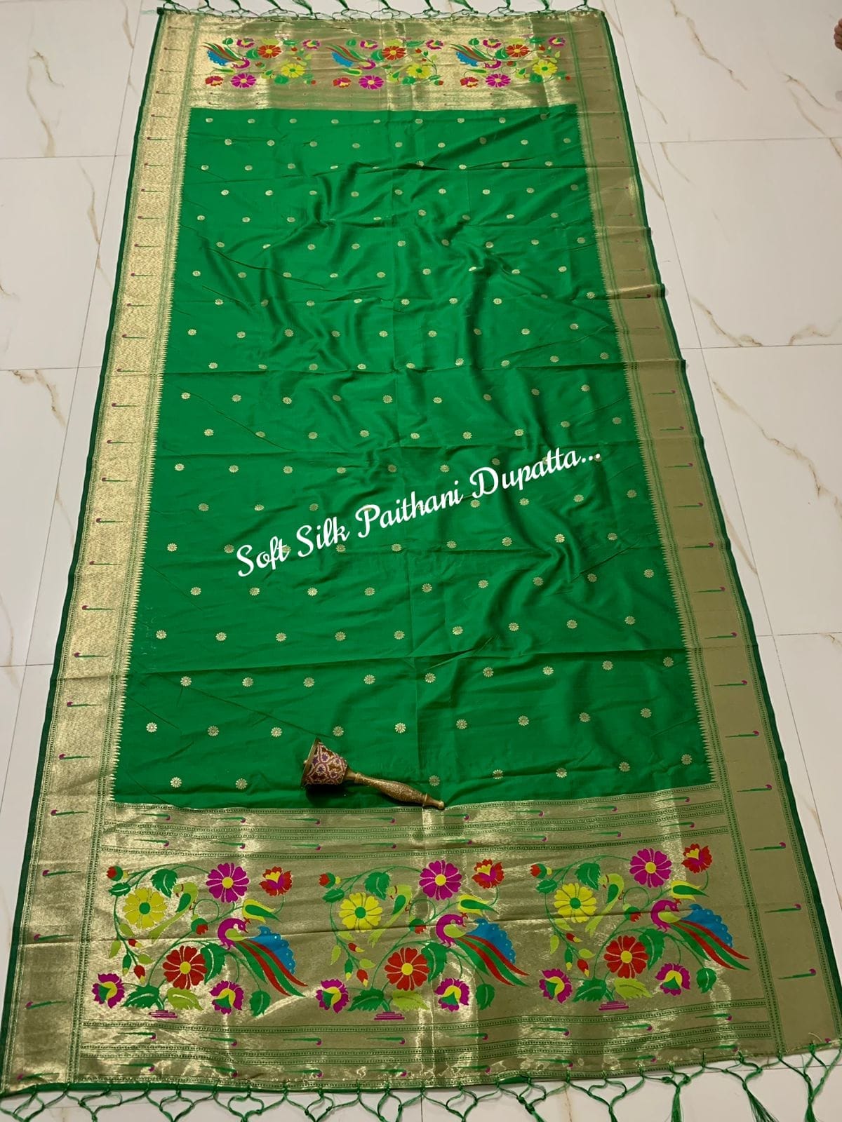Soft Silk Paithani Silk Dupatta with Gold Zari Motifs Green