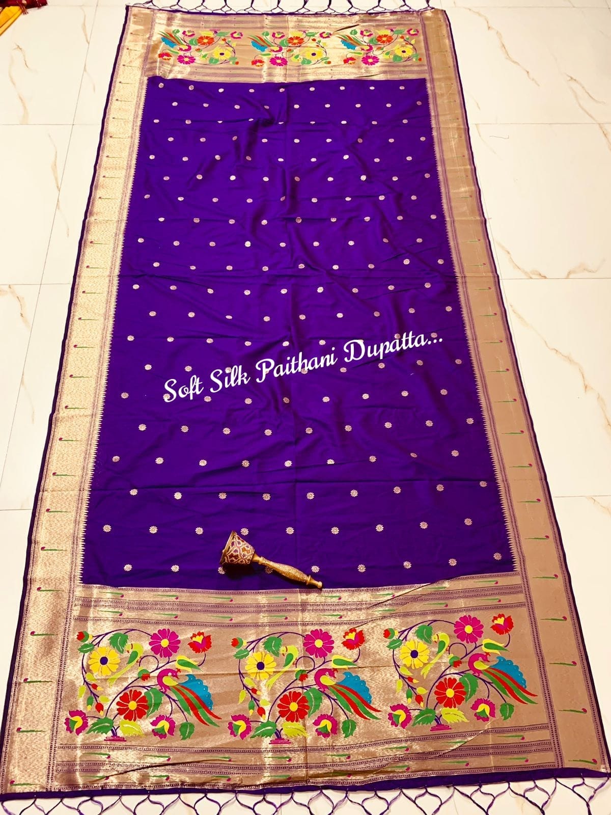 Soft Silk Paithani Silk Dupatta with Gold Zari Motifs Indigo