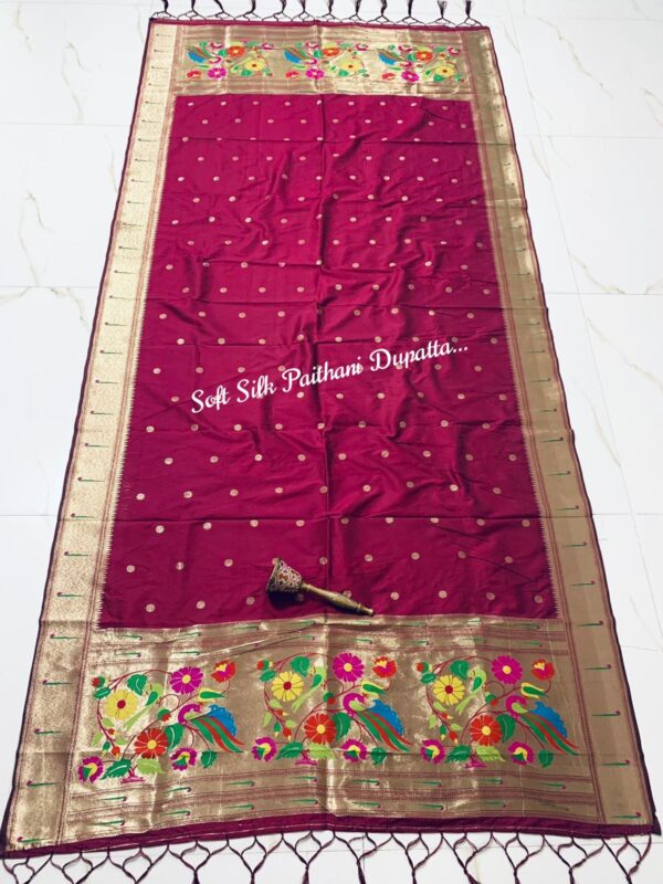Soft Silk Paithani Silk Dupatta with Gold Zari Motifs Maroon