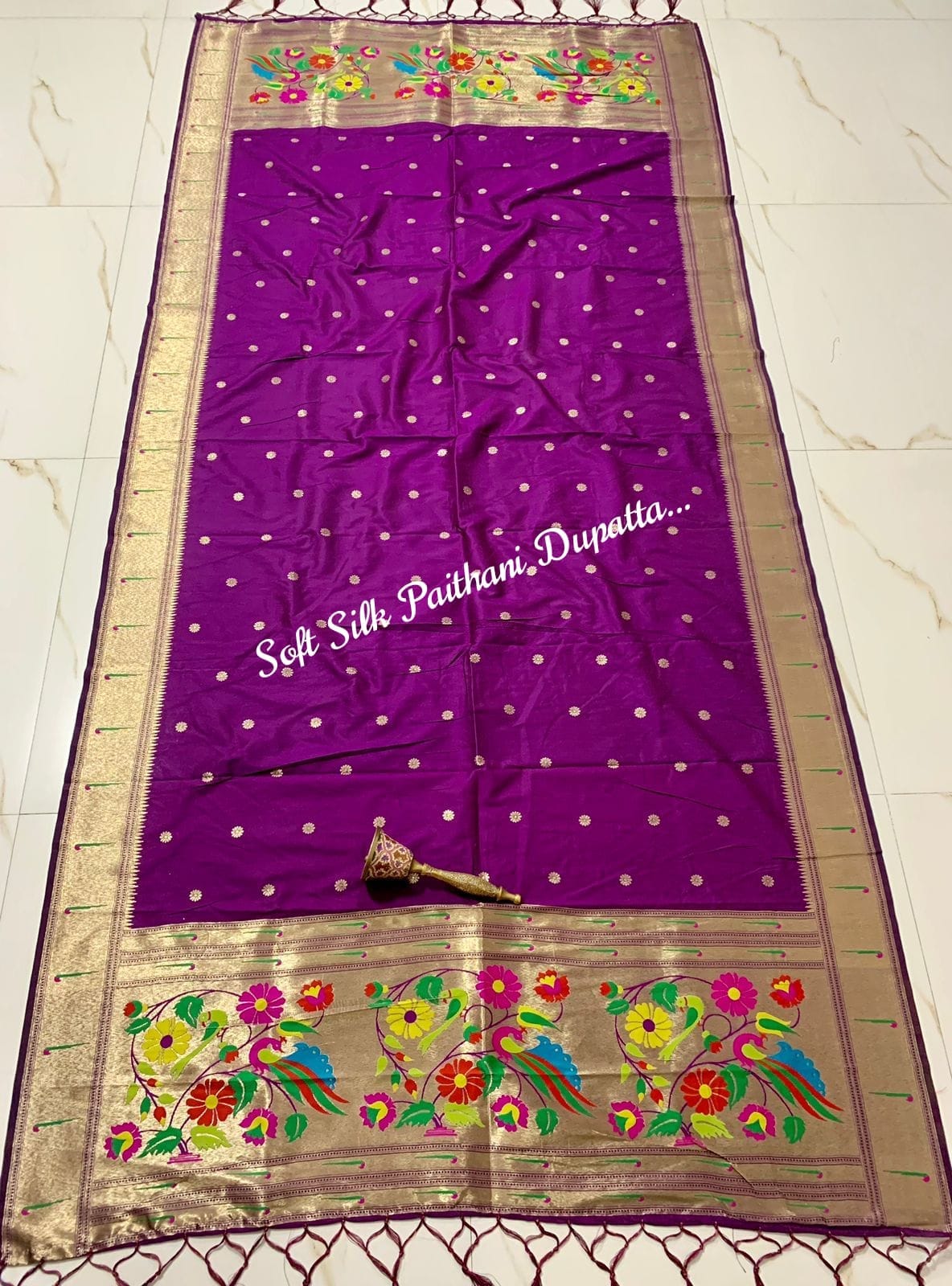 Soft Silk Paithani Silk Dupatta with Gold Zari Motifs Purple