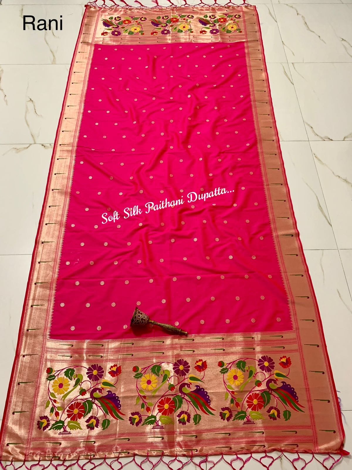 Soft Silk Paithani Silk Dupatta with Gold Zari Motifs Rani