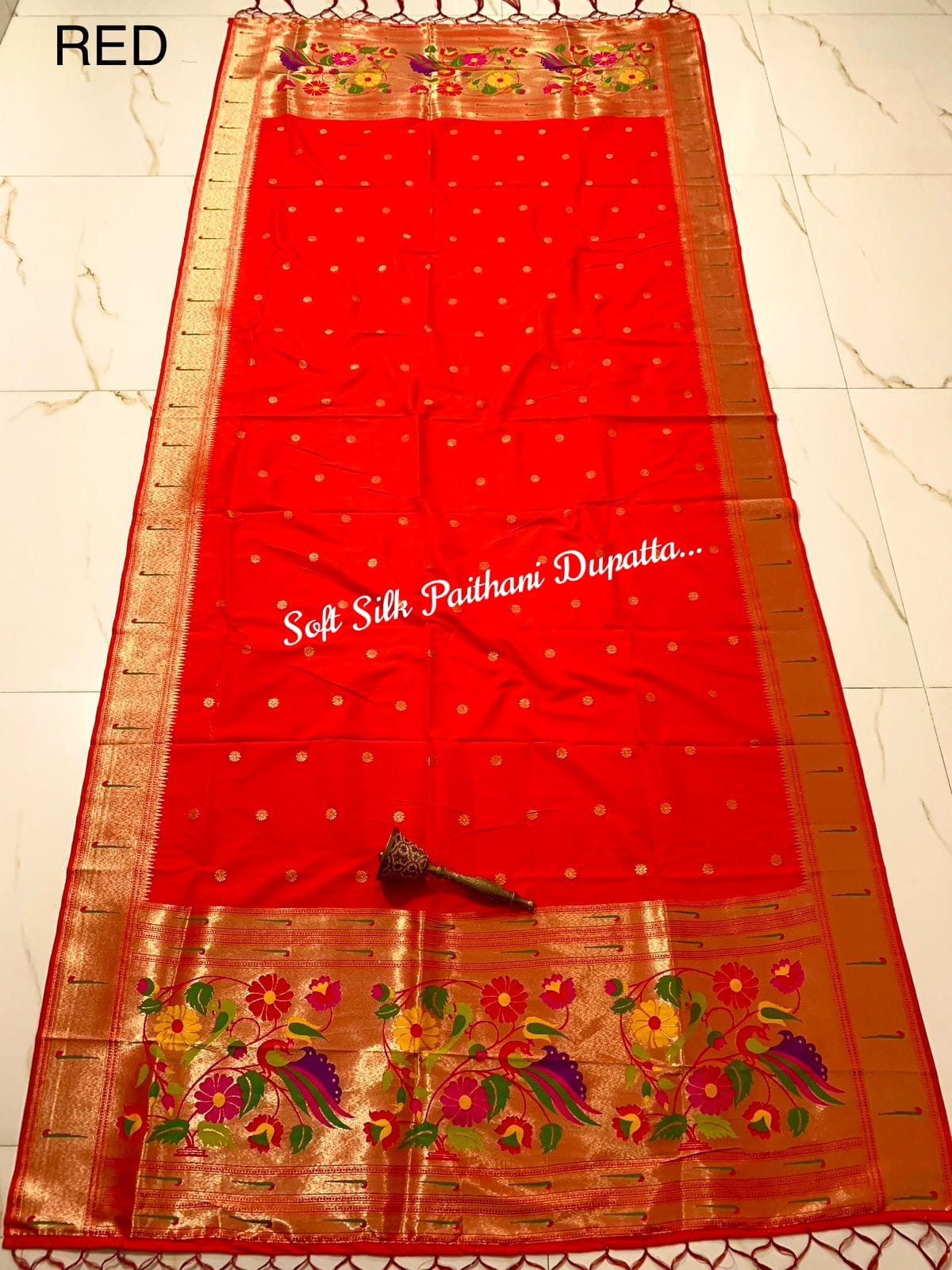 Soft Silk Paithani Silk Dupatta with Gold Zari Motifs Red