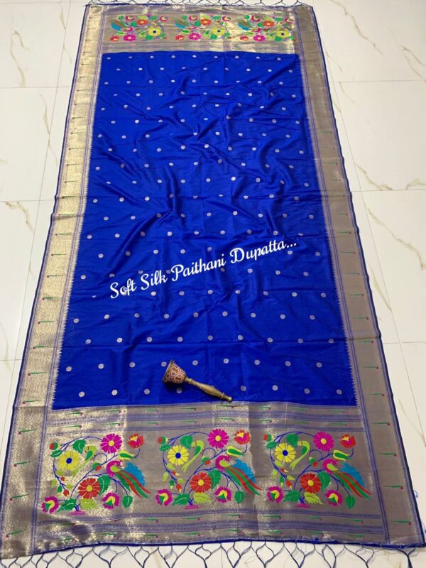 Soft Silk Paithani Silk Dupatta with Gold Zari Motifs Royal Blue
