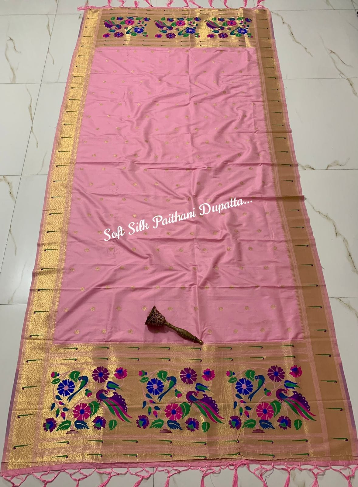 Soft Silk Paithani Silk Dupatta with Gold Zari Motifs Ruddi Pink (2)
