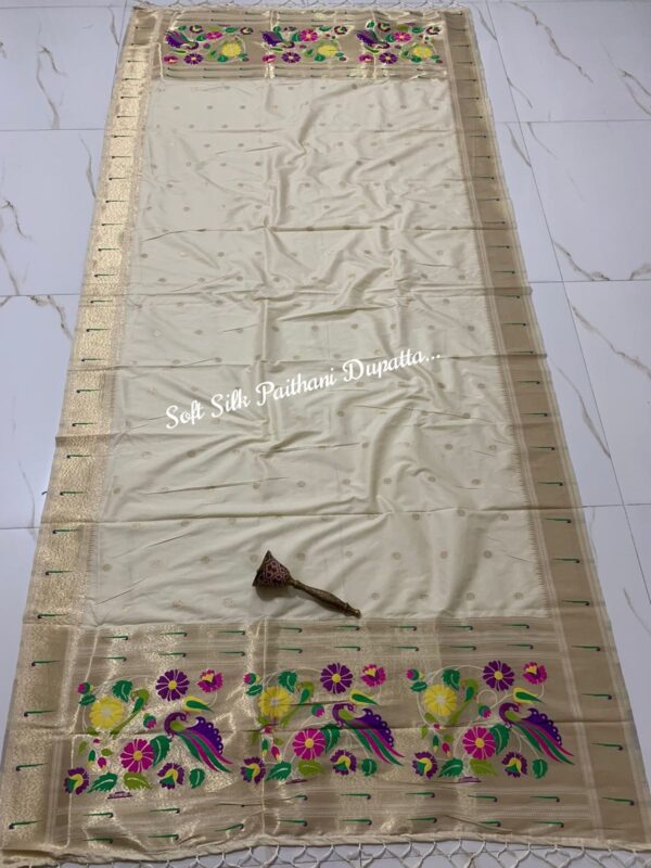 Soft Silk Paithani Silk Dupatta with Gold Zari Motifs Vista White