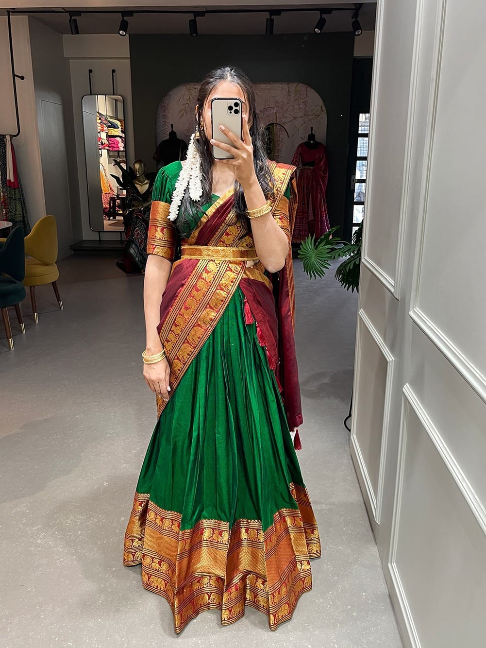 Narayan Pet Lehenga Green Traditional Cotton Narayanpet Stitched - lehenga choli