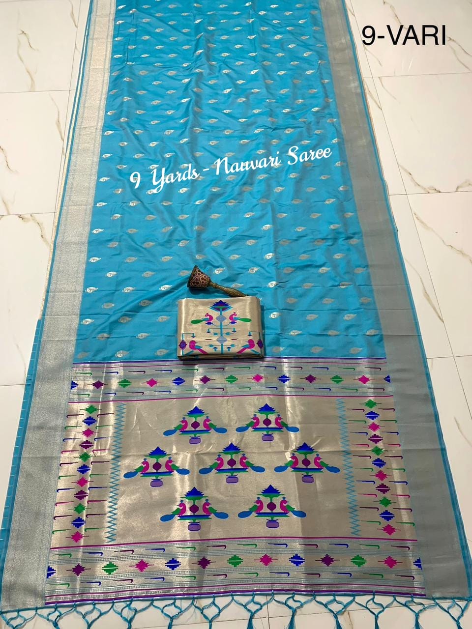 9 Yards Cyan Nauvari Paithani Saree 9 Yards Cyan Nauvari Paithani Saree