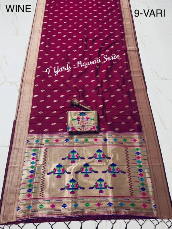 9 Yards Wine Nauvari Paithani Saree