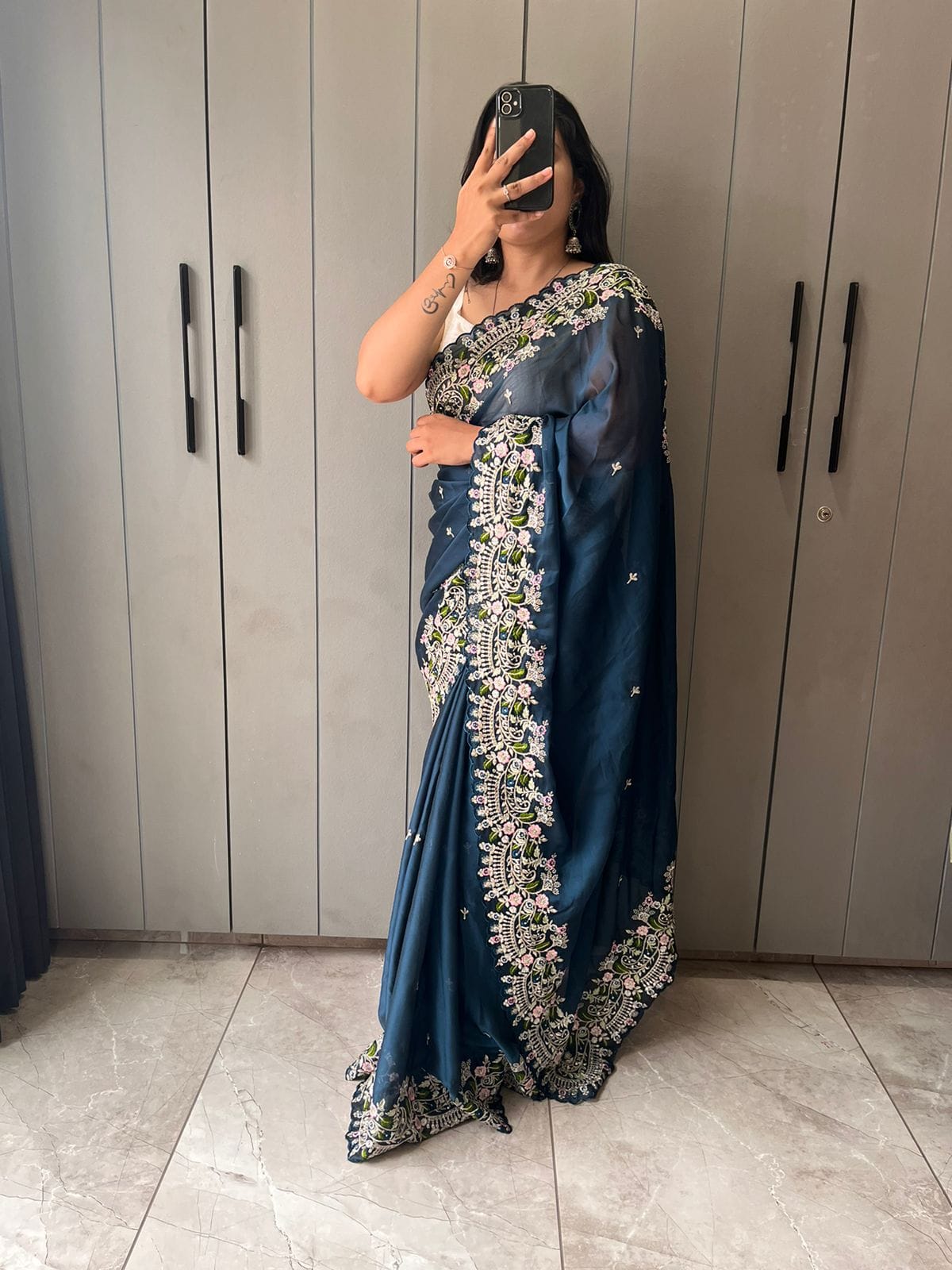 Blue Pure Satin Georgette silk saree (2) Blue Pure Satin Georgette silk saree (2)