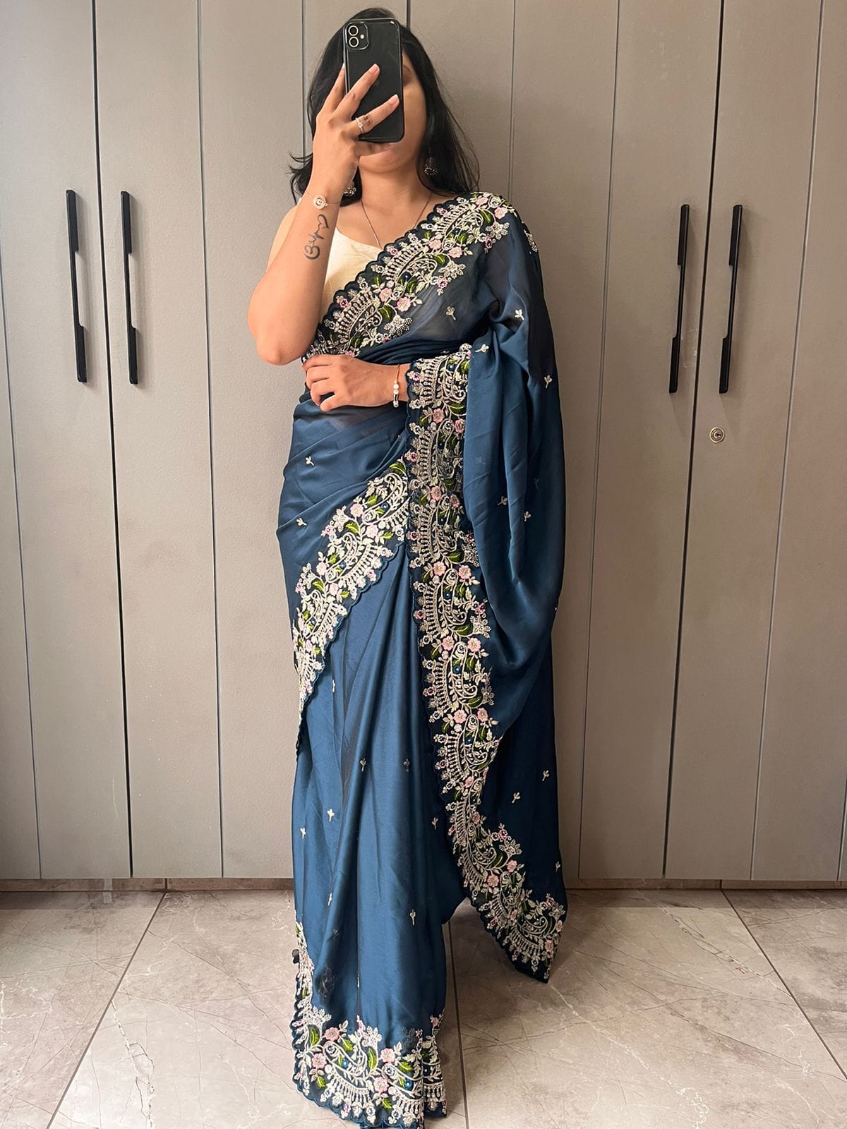 Blue Pure Satin Georgette silk saree (3) Blue Pure Satin Georgette silk saree (3)