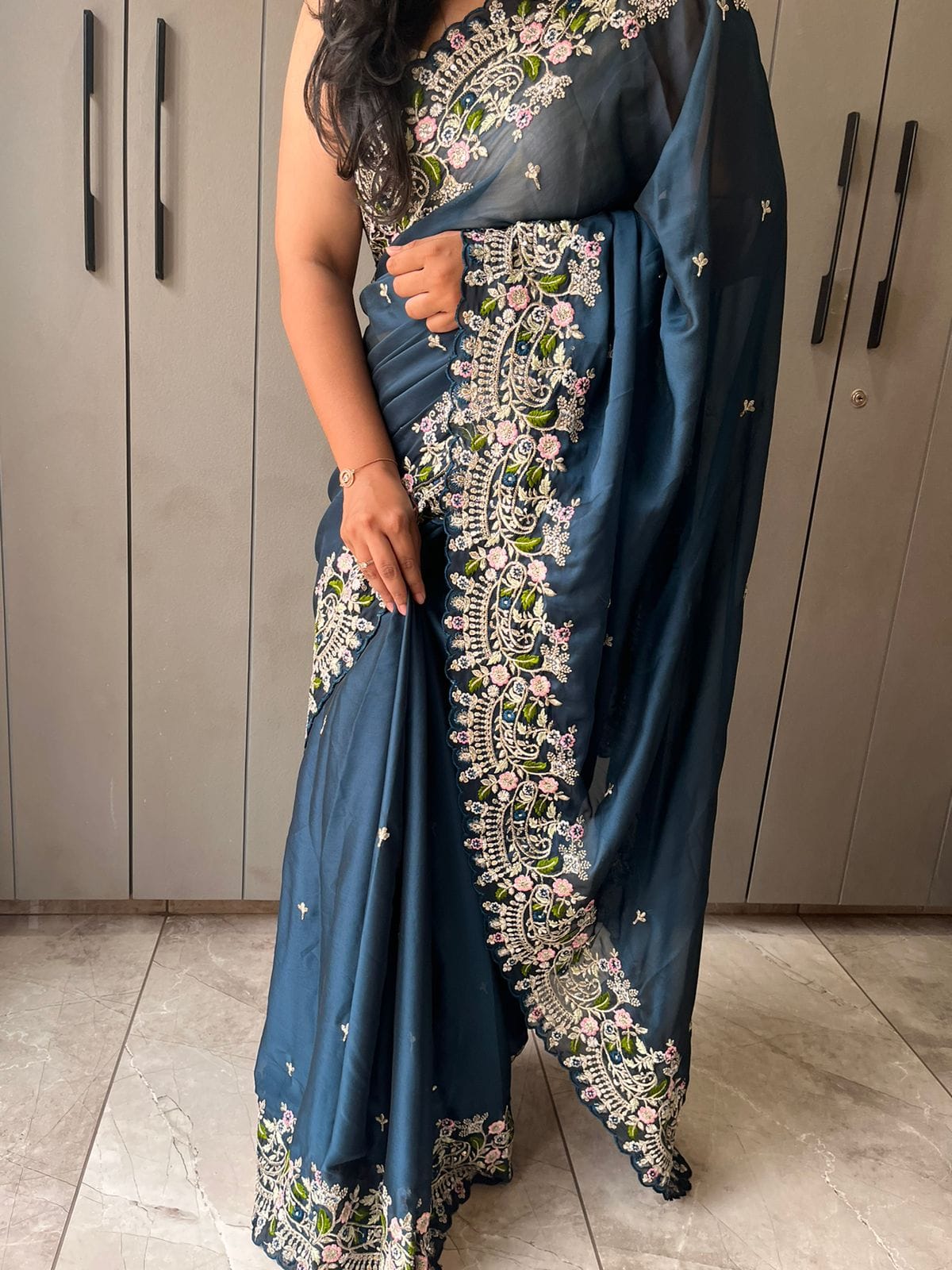 Blue Pure Satin Georgette silk saree Blue Pure Satin Georgette silk saree