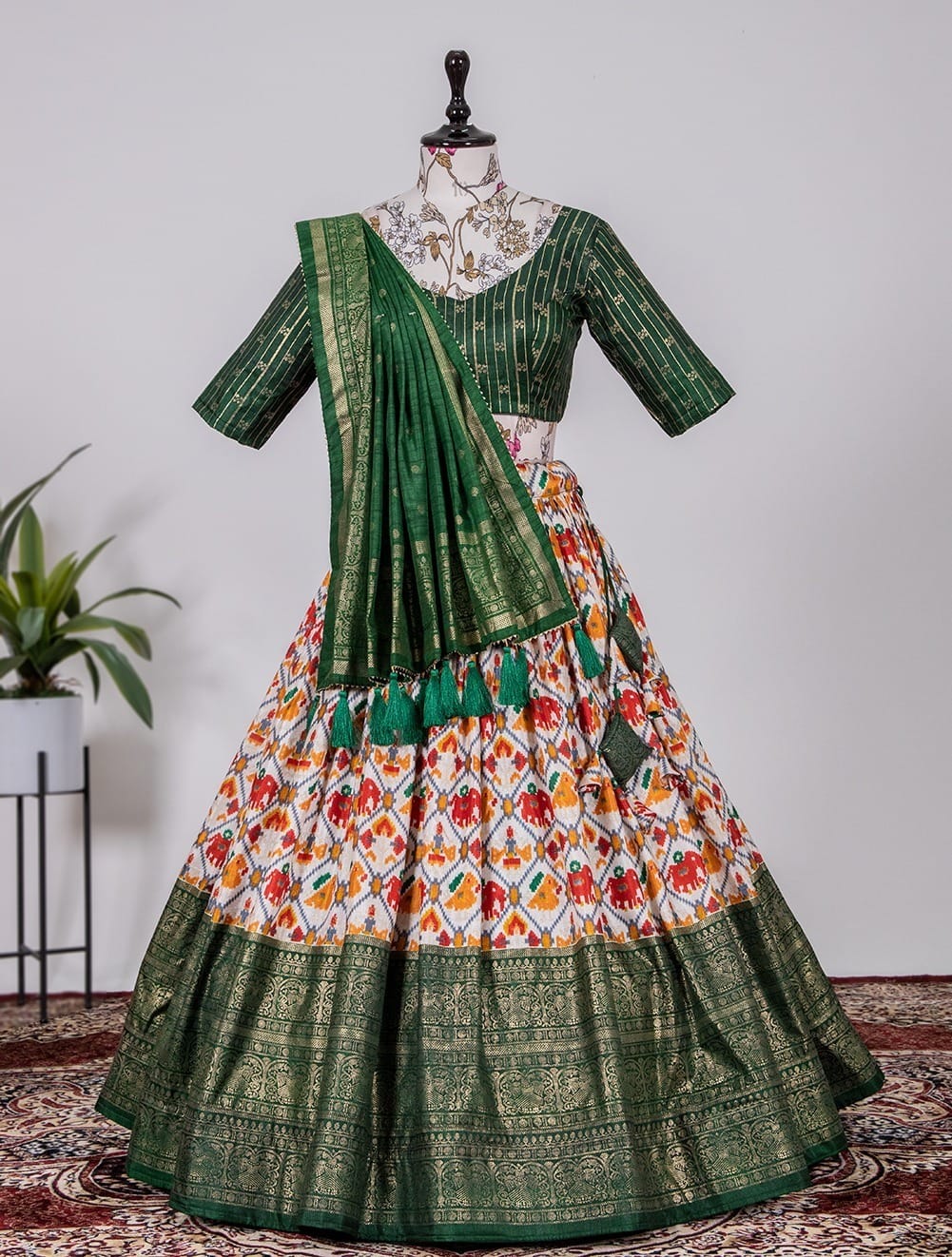 Green Dola Silk Lehenga Choli zari work lehenga detail