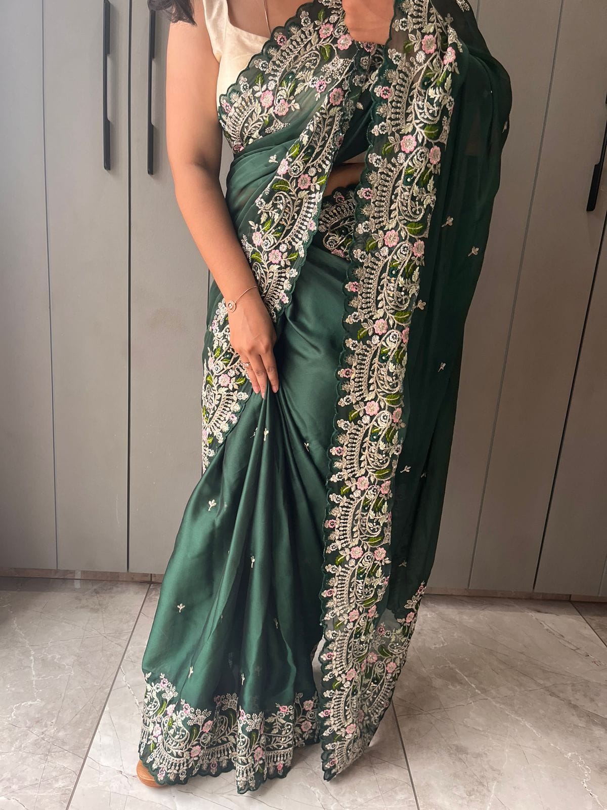 Green Pure Satin Georgette silk saree Green Pure Satin Georgette silk saree