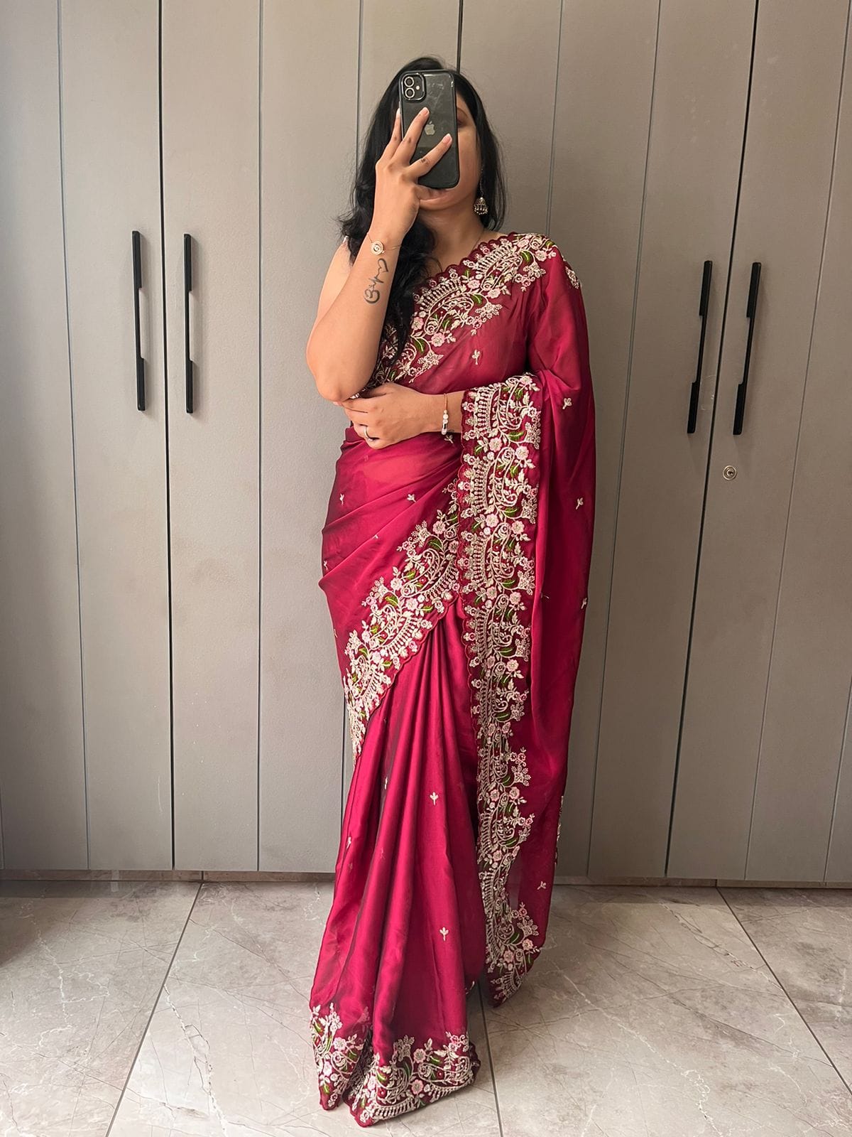 Maroon Pure Satin Georgette silk saree (2) Maroon Pure Satin Georgette silk saree (2)