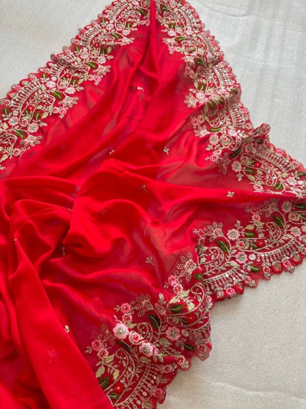 Red Pure Satin Georgette silk saree (4)