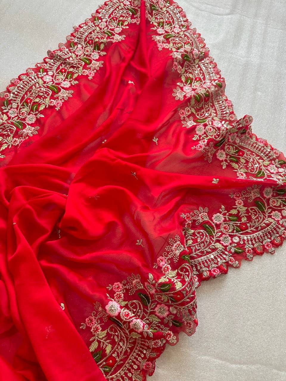 Red Pure Satin Georgette silk saree (4) Red Pure Satin Georgette silk saree (4)