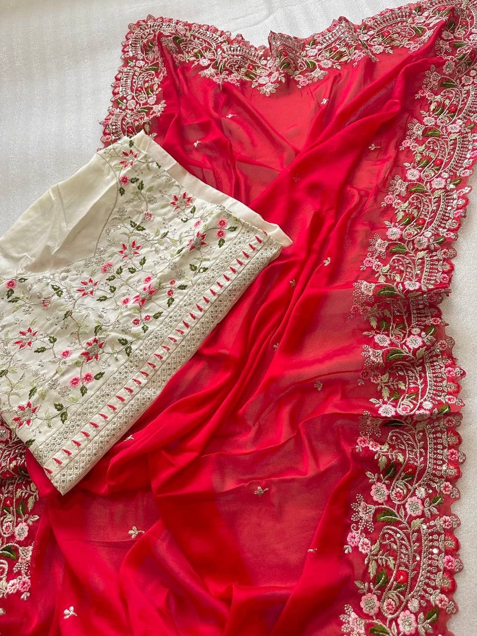 Red Pure Satin Georgette silk saree (6) Red Pure Satin Georgette silk saree (6)