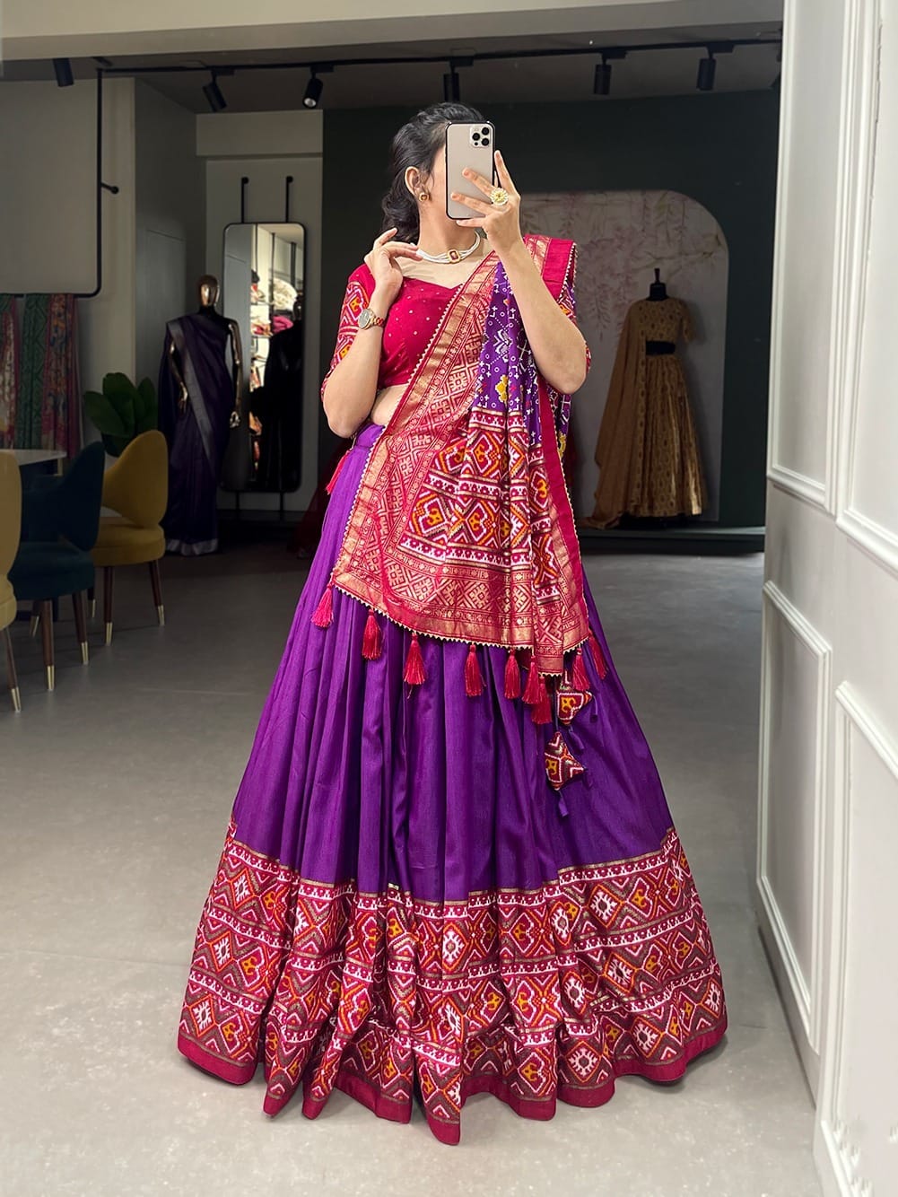 Top Trending Purple Dola Silk Lehenga zari work lehenga detail