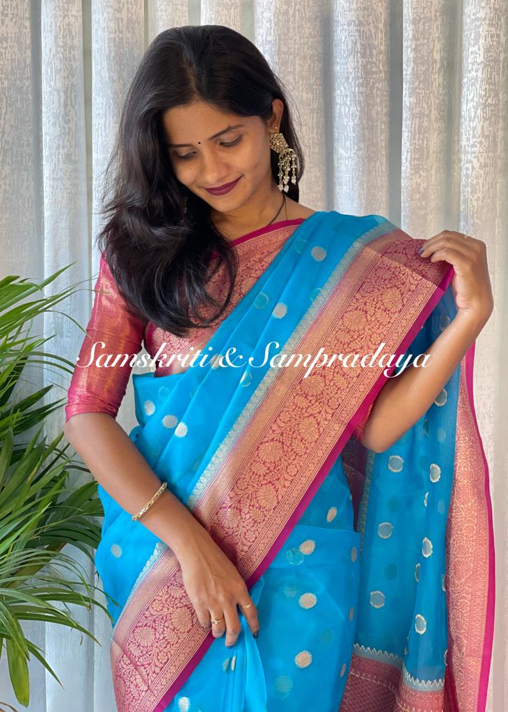 Banarasi handloom kora organza silk Blue Product detail view 3