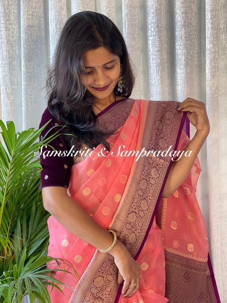 Banarasi handloom kora organza silk Peach Product detail view 9