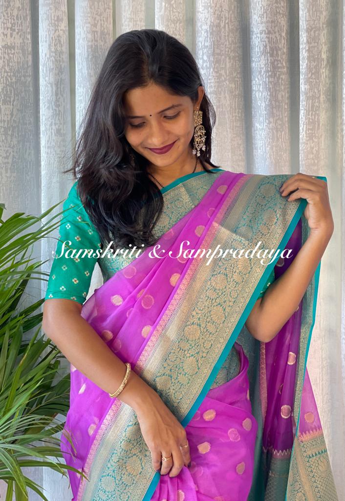 Banarasi handloom kora organza silk Purple Product detail view 12