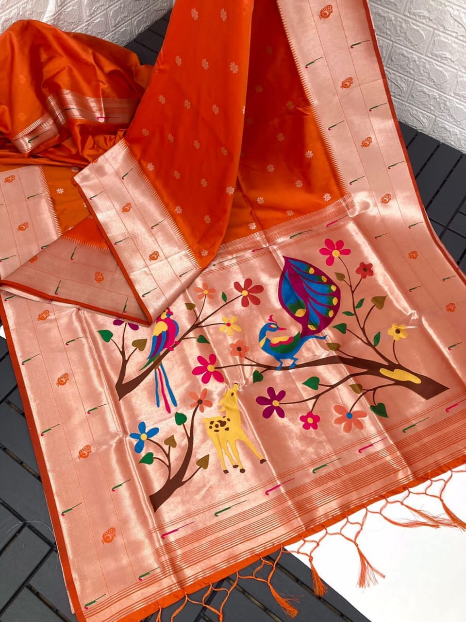 Paithani Silk Sarees Dark Orange