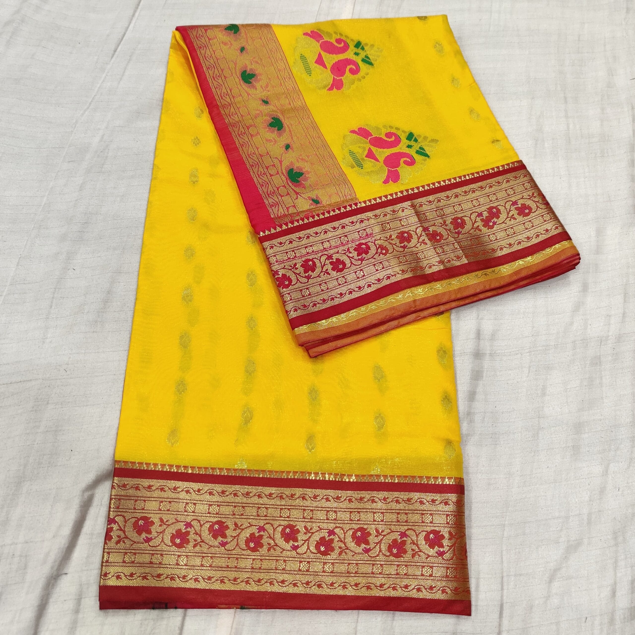 Fancy Banarasi Acrylic Silk Nauvari Paithani Sarees Yellow (2) Fancy Banarasi Acrylic Silk Nauvari Paithani Sarees Yellow (2)