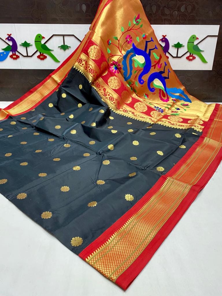 Fancy Pallu Paithani Soft Silk Saree Black Fancy Pallu Paithani Soft Silk Saree Black