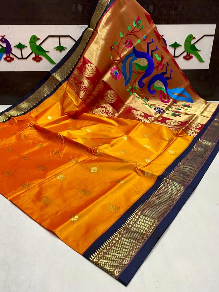 Fancy Pallu Paithani Soft Silk Saree Orange Yellow Fancy Pallu Paithani Soft Silk Saree Orange Yellow