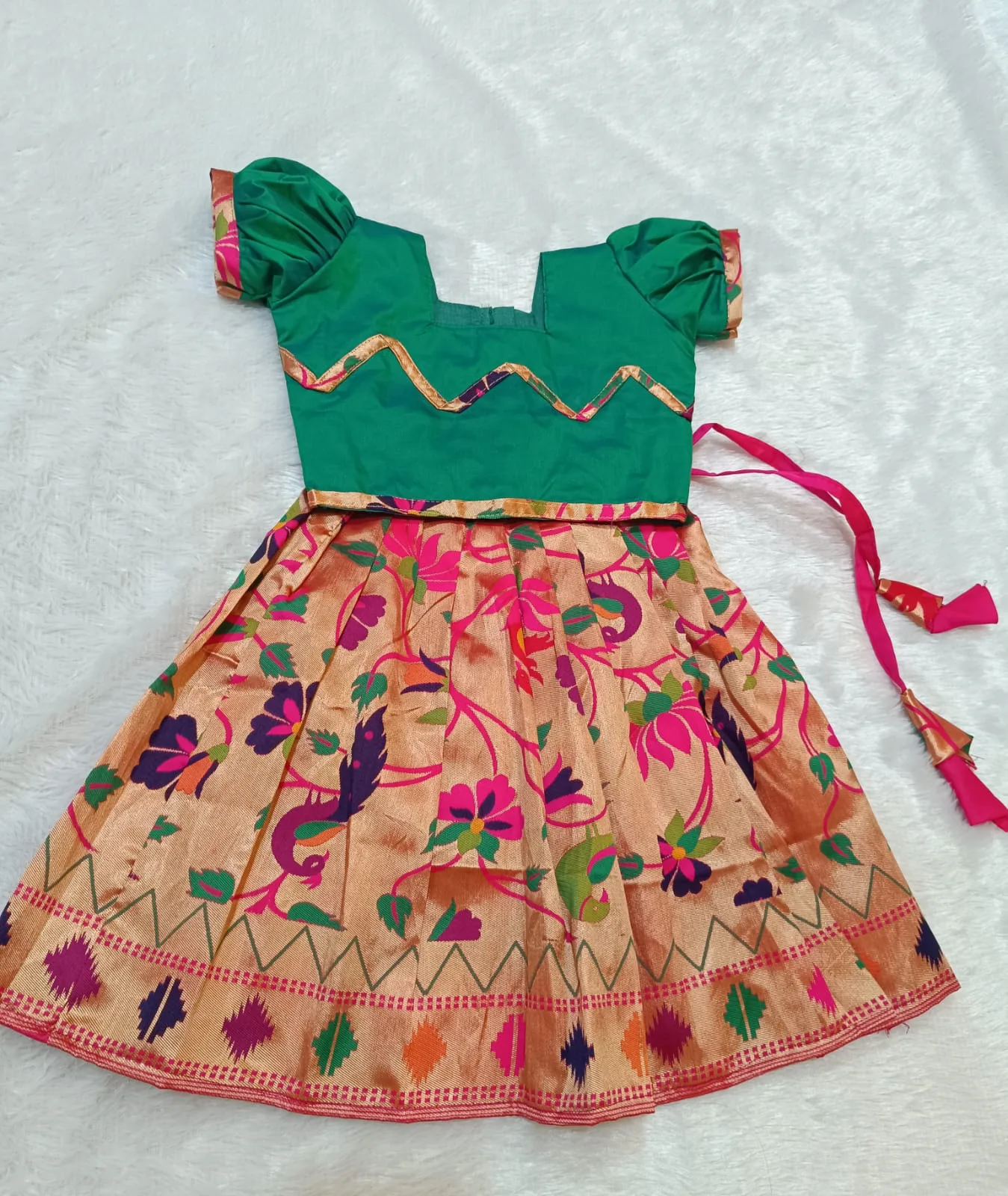 Green Paithani Lehenga for baby girl