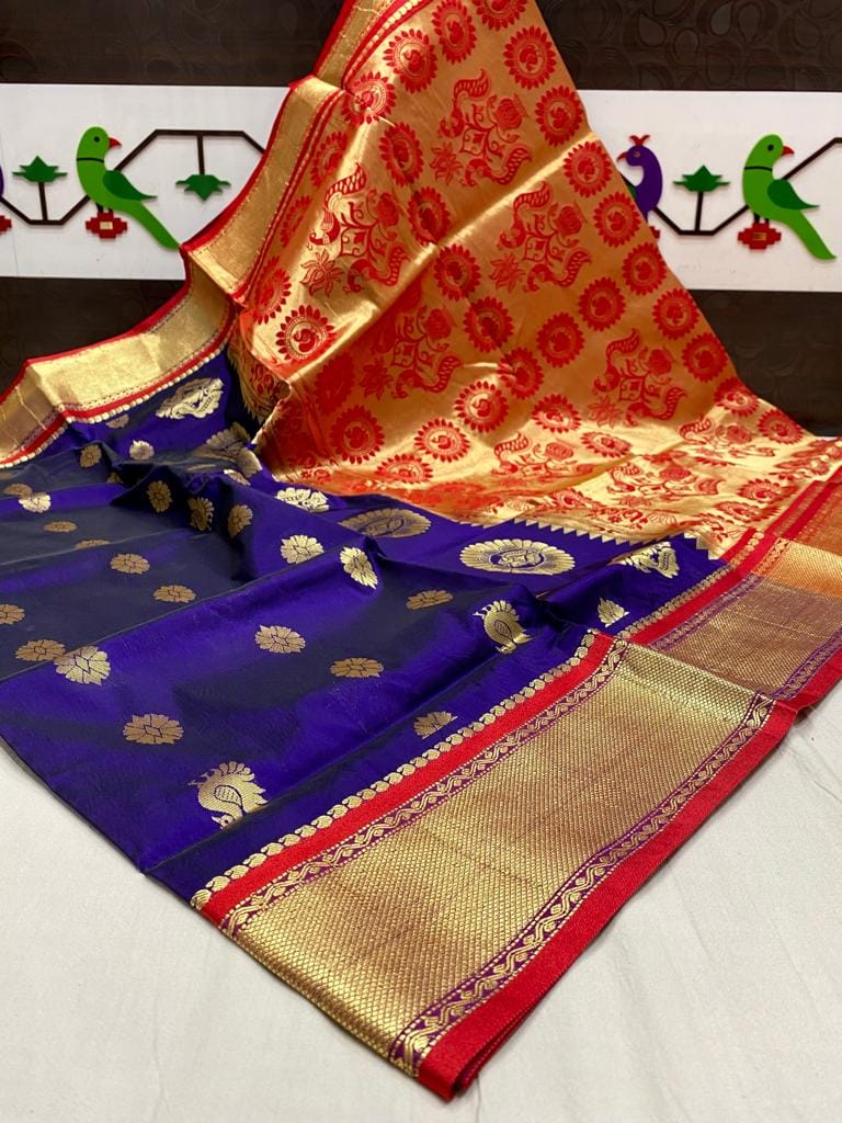 Mango & Kuyari Kadiyal Paithani Fine Soft Silk Saree Blue Purple Mango & Kuyari Kadiyal Paithani Fine Soft Silk Saree Blue Purple