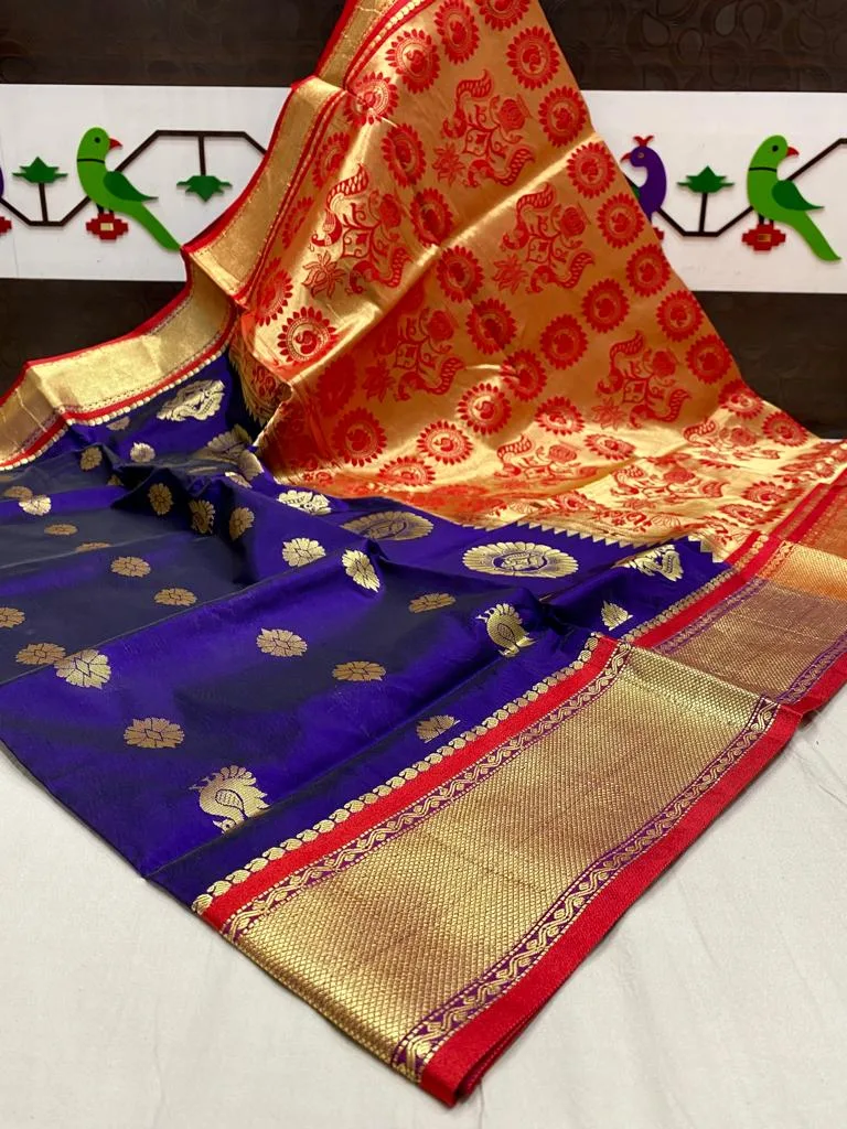 Mango & Kuyari Kadiyal Paithani Fine Soft Silk Saree Blue Purple