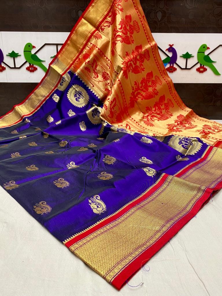 Mango & Kuyari Kadiyal Paithani Fine Soft Silk Saree Bluish Purple Mango & Kuyari Kadiyal Paithani Fine Soft Silk Saree Bluish Purple