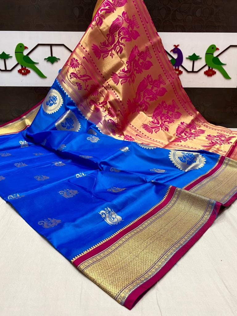 Mango & Kuyari Kadiyal Paithani Fine Soft Silk Saree Cyan Mango & Kuyari Kadiyal Paithani Fine Soft Silk Saree Cyan