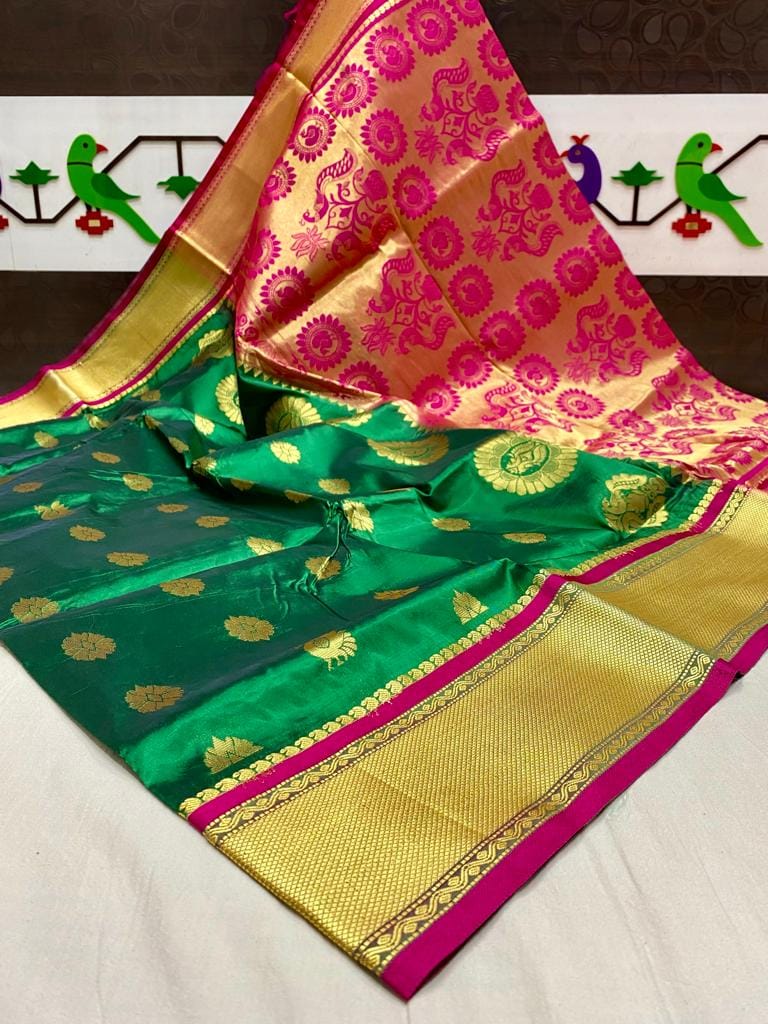 Mango & Kuyari Kadiyal Paithani Fine Soft Silk Saree Green Pink Mango & Kuyari Kadiyal Paithani Fine Soft Silk Saree Green Pink
