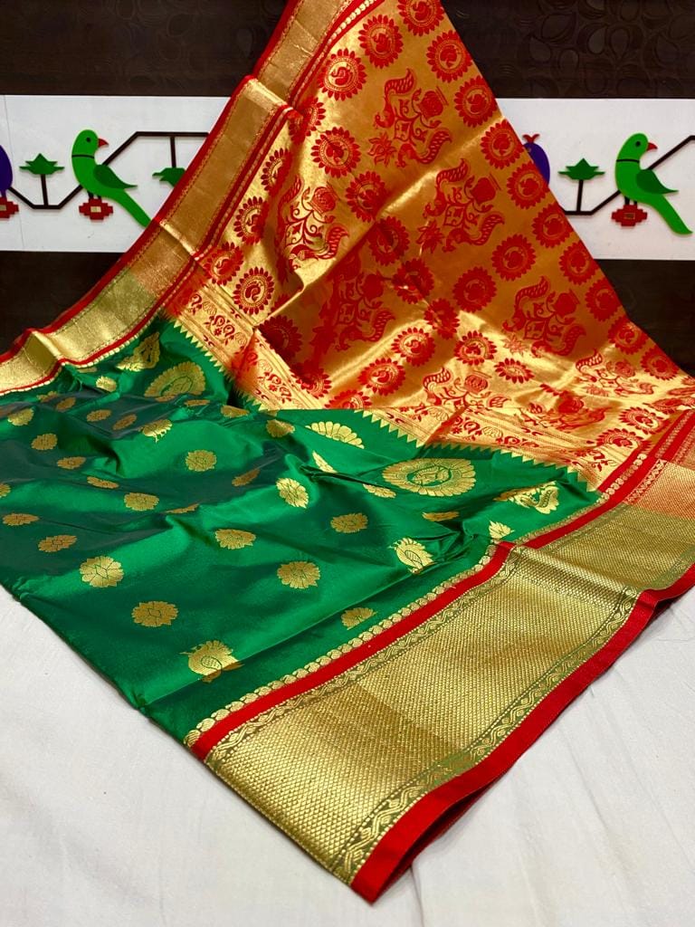 Mango & Kuyari Kadiyal Paithani Fine Soft Silk Saree Green Red Mango & Kuyari Kadiyal Paithani Fine Soft Silk Saree Green Red