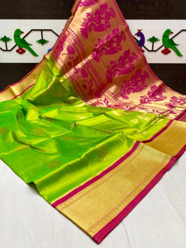 Mango & Kuyari Kadiyal Paithani Fine Soft Silk Saree Greenish Yellow