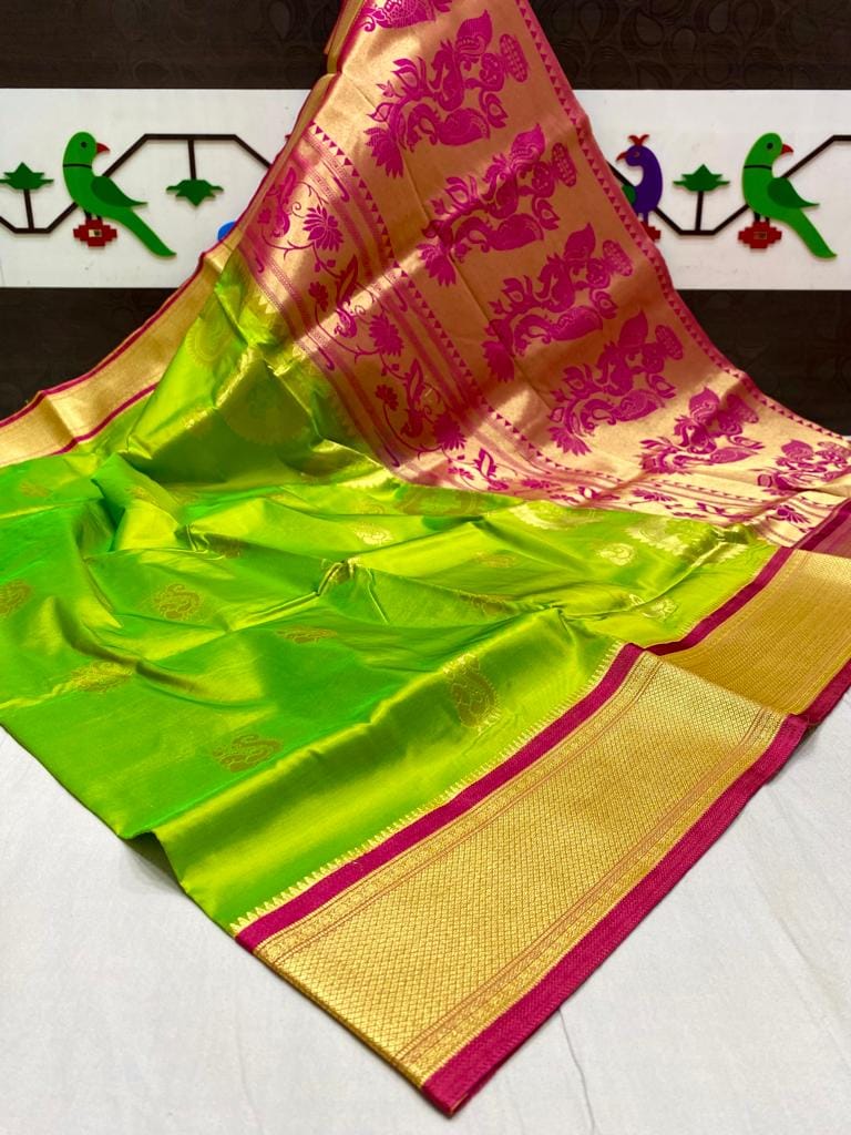 Mango & Kuyari Kadiyal Paithani Fine Soft Silk Saree Greenish Yellow Mango & Kuyari Kadiyal Paithani Fine Soft Silk Saree Greenish Yellow