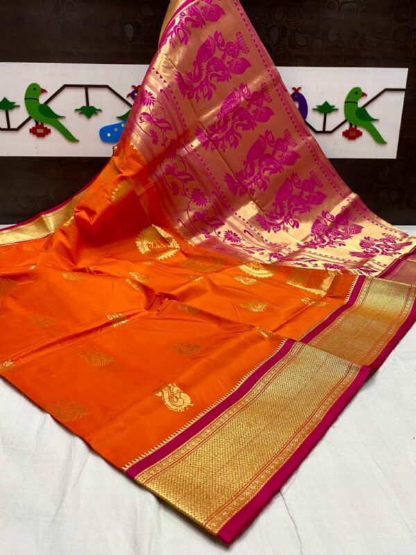 Mango & Kuyari Kadiyal Paithani Fine Soft Silk Saree Pink Orange
