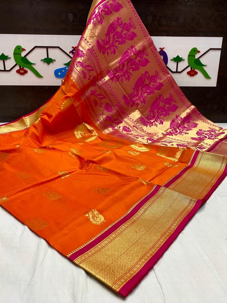 Mango & Kuyari Kadiyal Paithani Fine Soft Silk Saree Pink Orange Mango & Kuyari Kadiyal Paithani Fine Soft Silk Saree Pink Orange