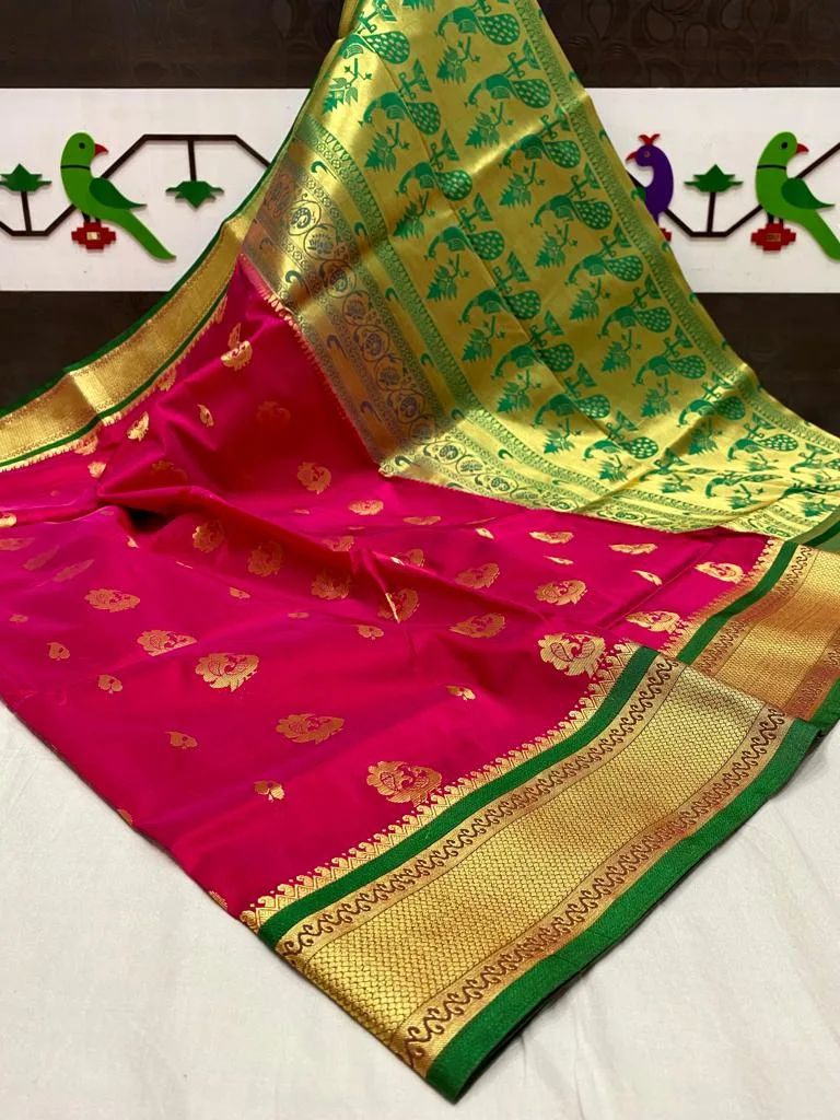 Mango & Kuyari Kadiyal Paithani Fine Soft Silk Saree Pink