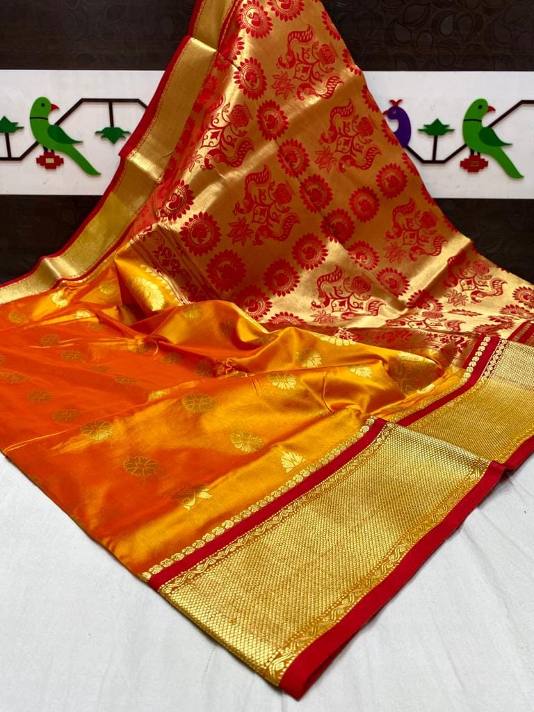 Mango & Kuyari Kadiyal Paithani Fine Soft Silk Saree Red Orange Mango & Kuyari Kadiyal Paithani Fine Soft Silk Saree Red Orange