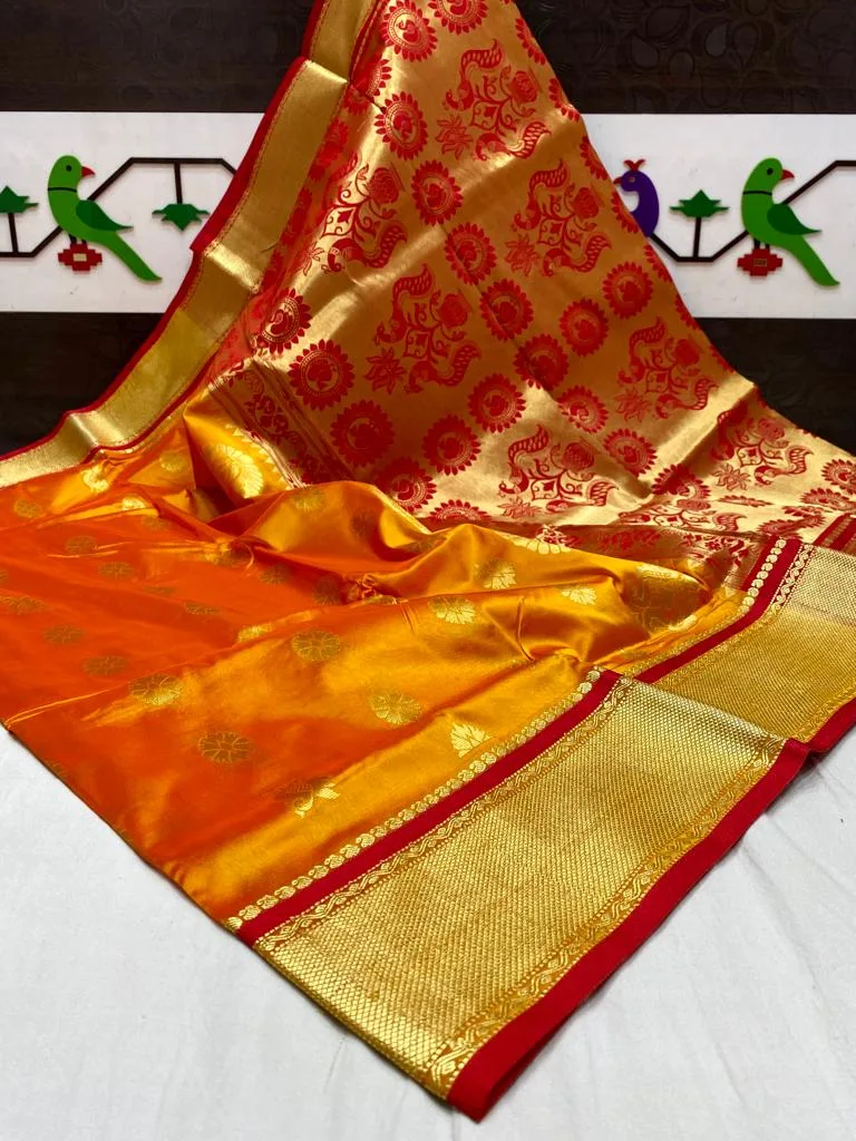 Mango & Kuyari Kadiyal Paithani Fine Soft Silk Saree Red Orange