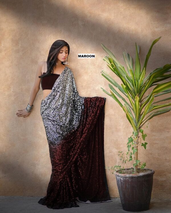 Partywear Bollywood Style Georgette Sequence Work Saree Maroon