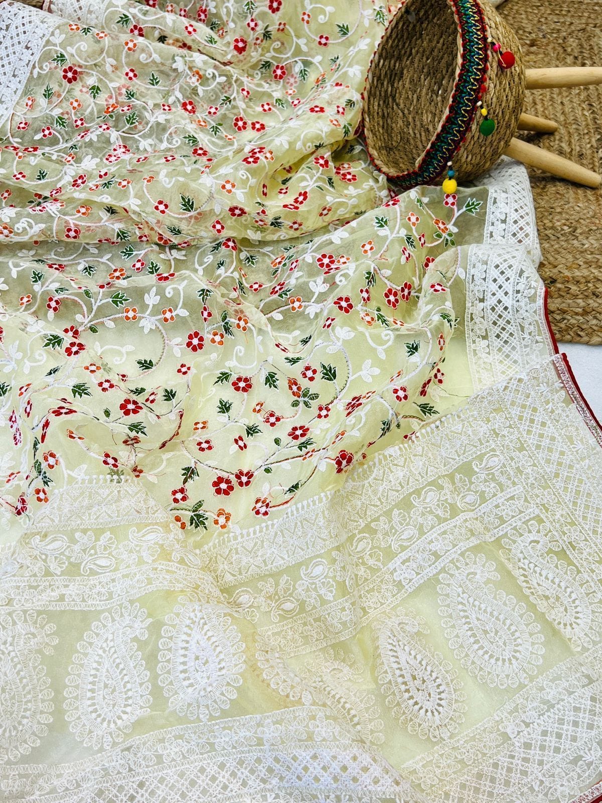 Organza chikankari saree Lemon Yellow 2 Organza chikankari saree Lemon Yellow 2