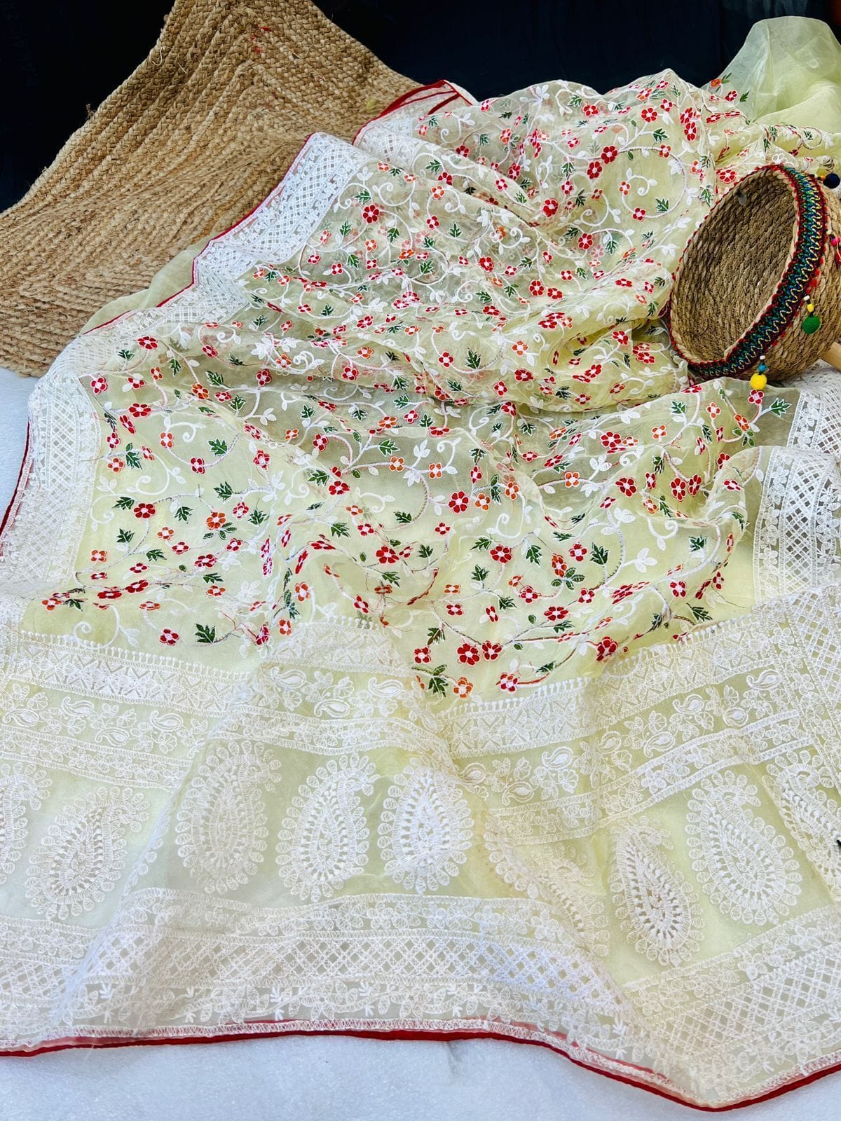 Organza chikankari saree Lemon Yellow Organza chikankari saree Lemon Yellow
